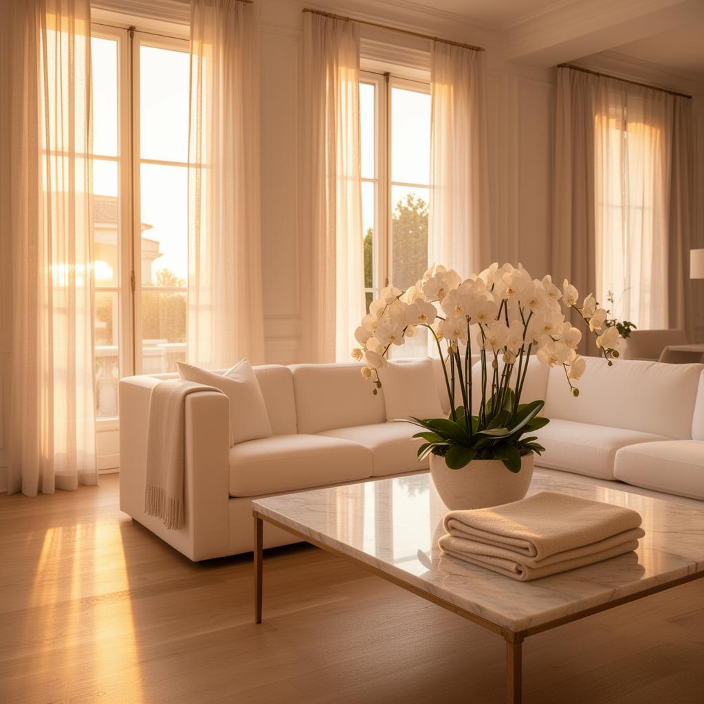 Pristine, sunlit luxury living room with white sofa, marble coffee table, and fresh orchids — professionally cleaned by Salt and Tidy in Richmond Hill, GA
